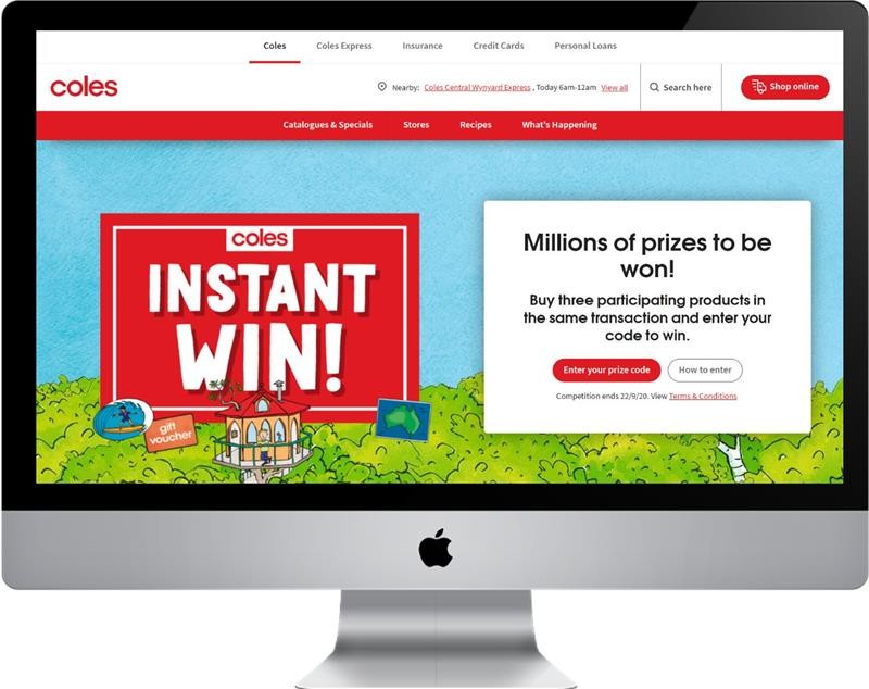 A computer screen displays a Coles promotion with "Instant Win" in bold white text on a red background