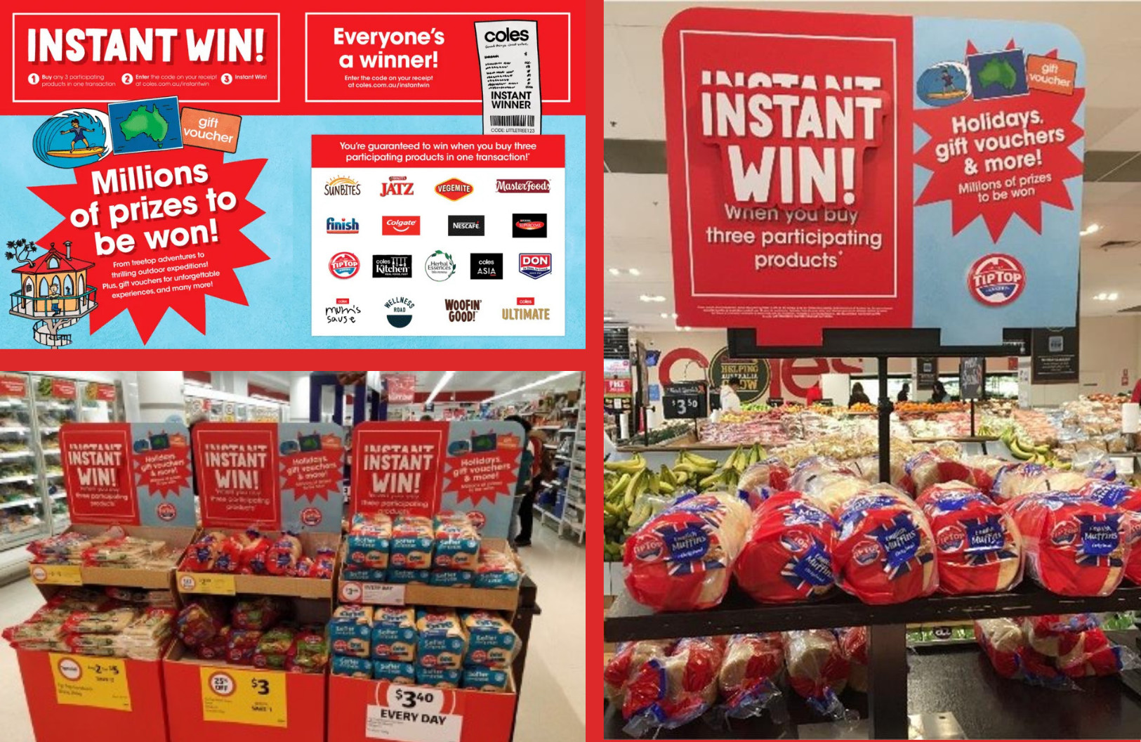 Supermarket display in Coles with a promotional sign reading showing what you could instantly win