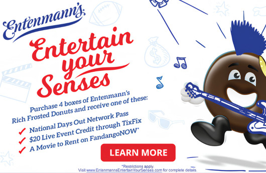 Entenmann's advertisement featuring a cartoonish chocolate donut character with a guitar