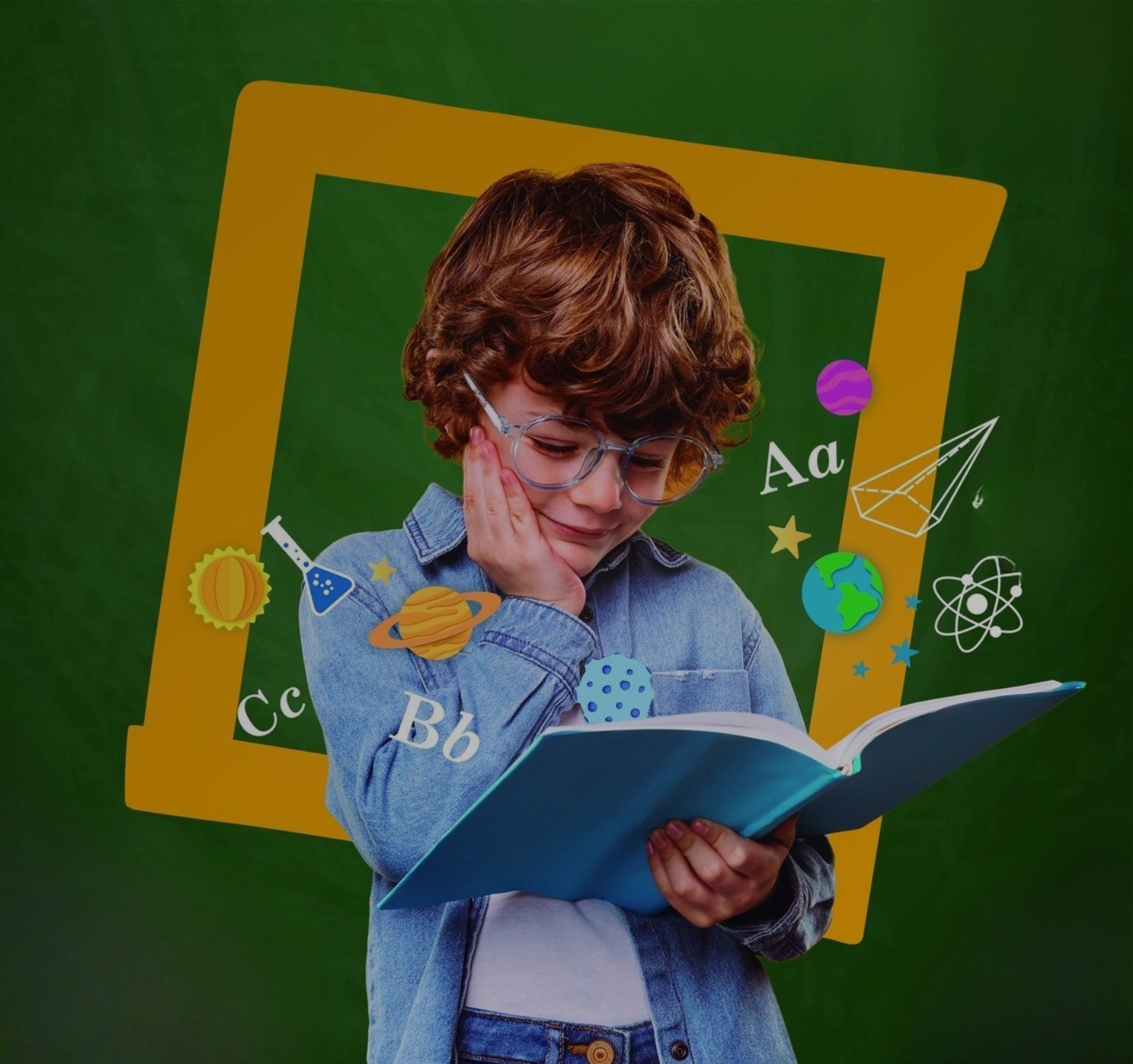 A child with glasses is reading a book, surrounded by colorful educational symbols. The tone is curious and playful.