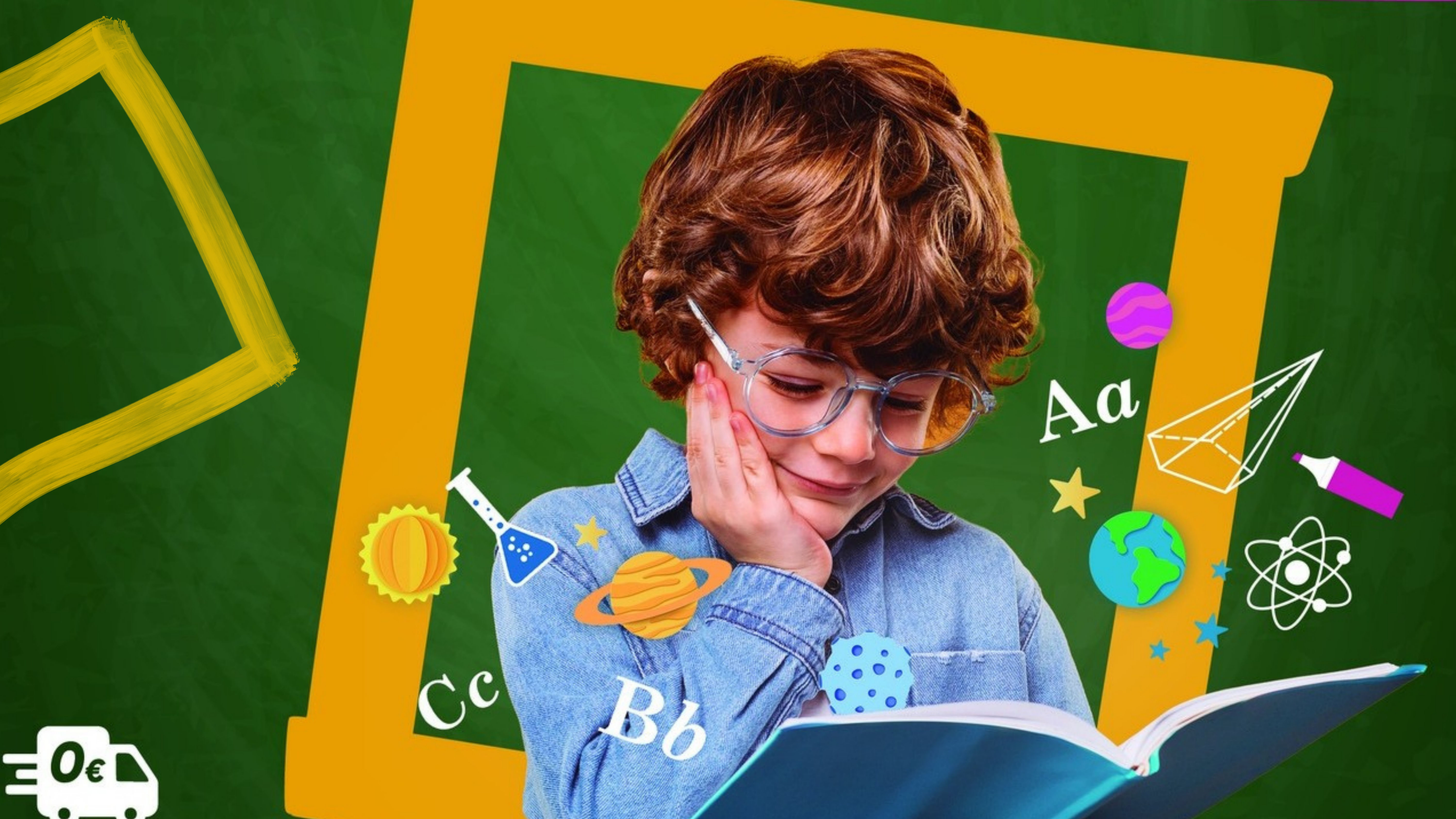 A child with glasses is reading a book, surrounded by colorful educational symbols. The tone is curious and playful.