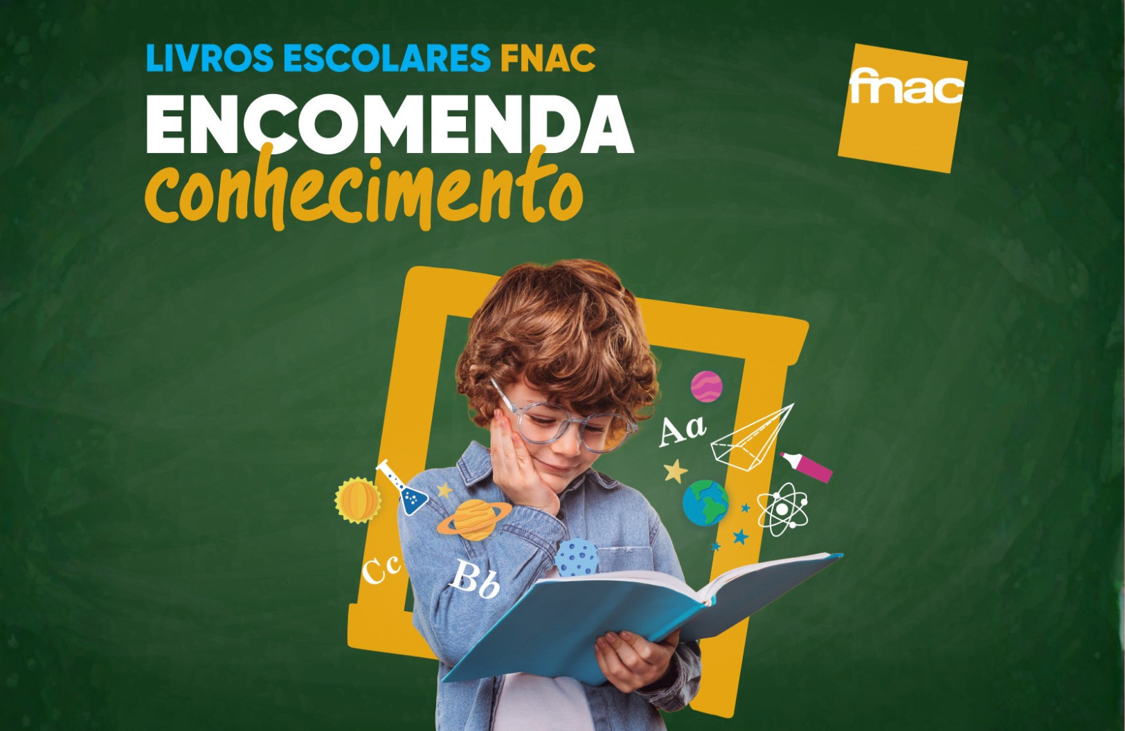 A child with glasses is reading a book, surrounded by colourful educational symbols. The tone is curious and playful.