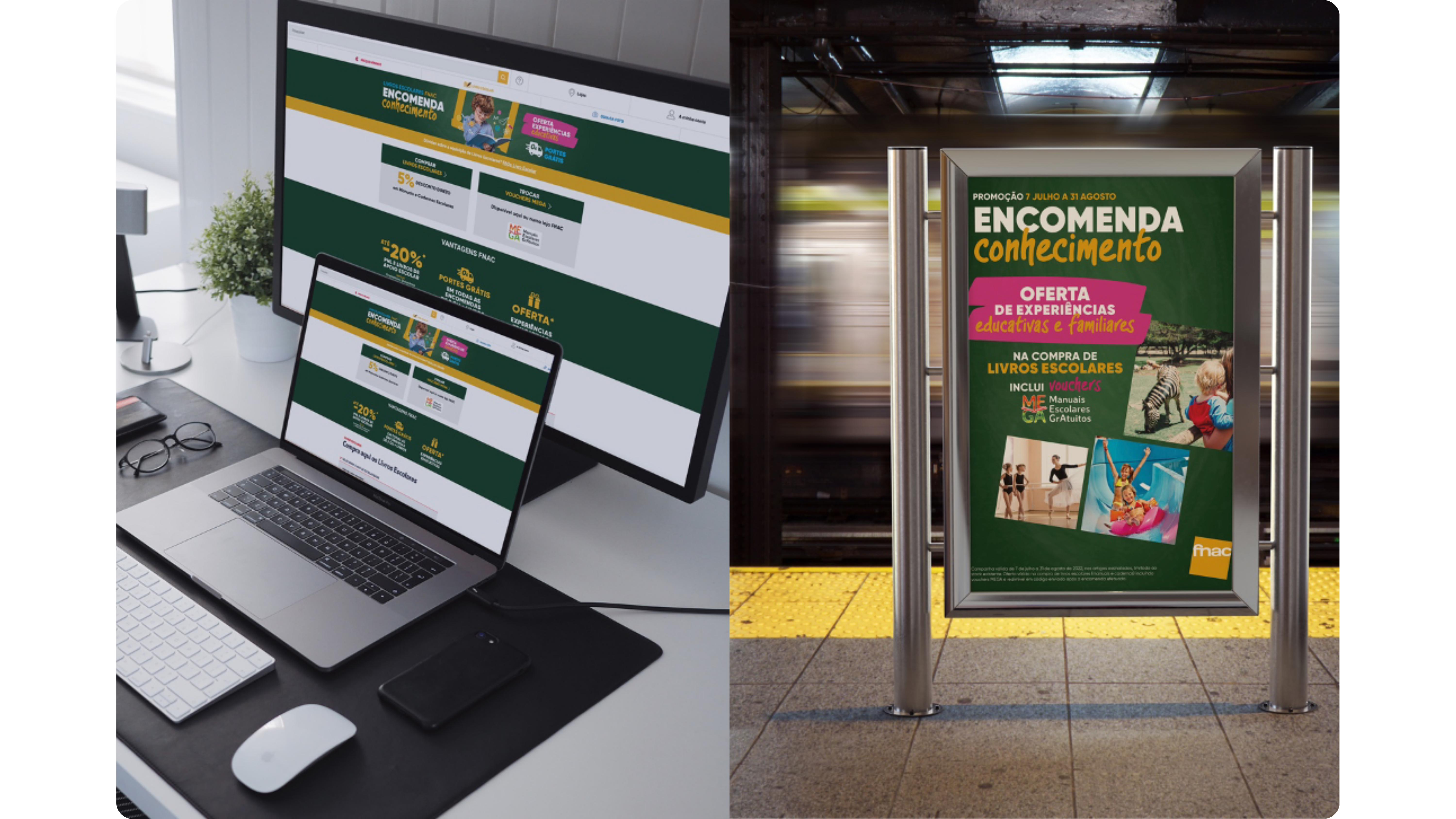 Split image: left shows a workspace with a large monitor, Right displays a vibrant educational promotion poster
