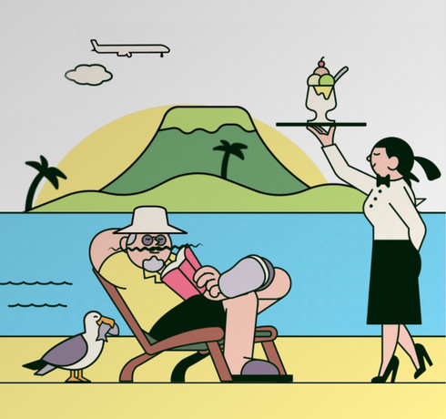 An illustration of a man relaxing in a deck chair, with a woman serving an ice cream on a tray alongside the text "GO.COMPARE".