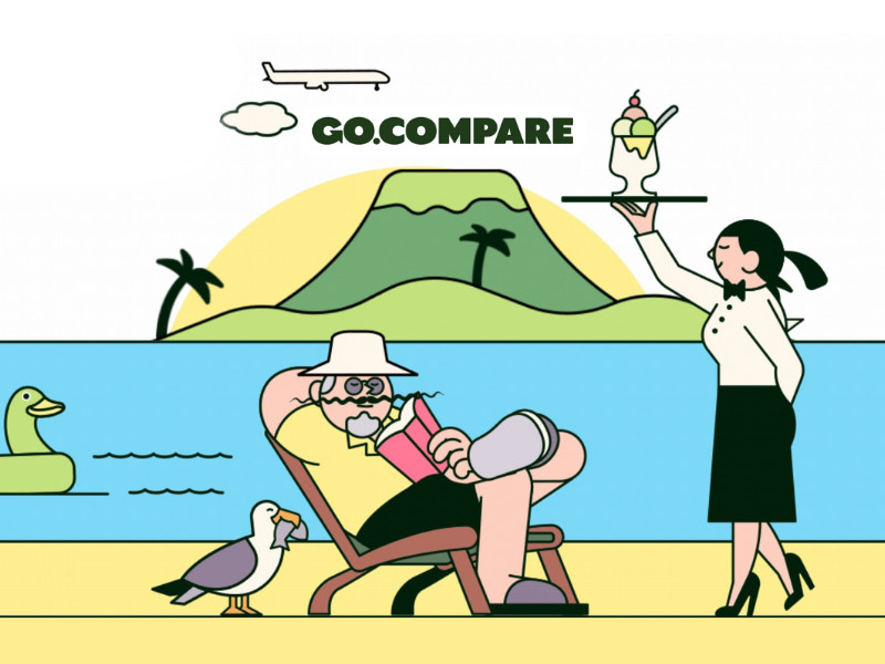 Ilustração de um homem relaxando em uma cadeira de praia, enquanto uma mulher serve um sorvete em uma bandeja, ao lado do texto “GO.COMPARE”.