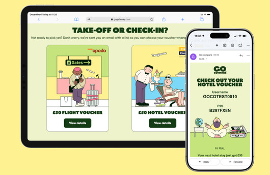 Illustration of two devices displaying travel-related content, one showing flight check-in and the other hotel reservation