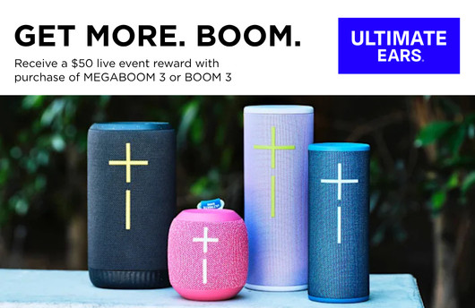 Collection of colourful Logitech Ultimate Ears portable speakers with the message “Get More. Boom.” and a $50 live-event reward offer.