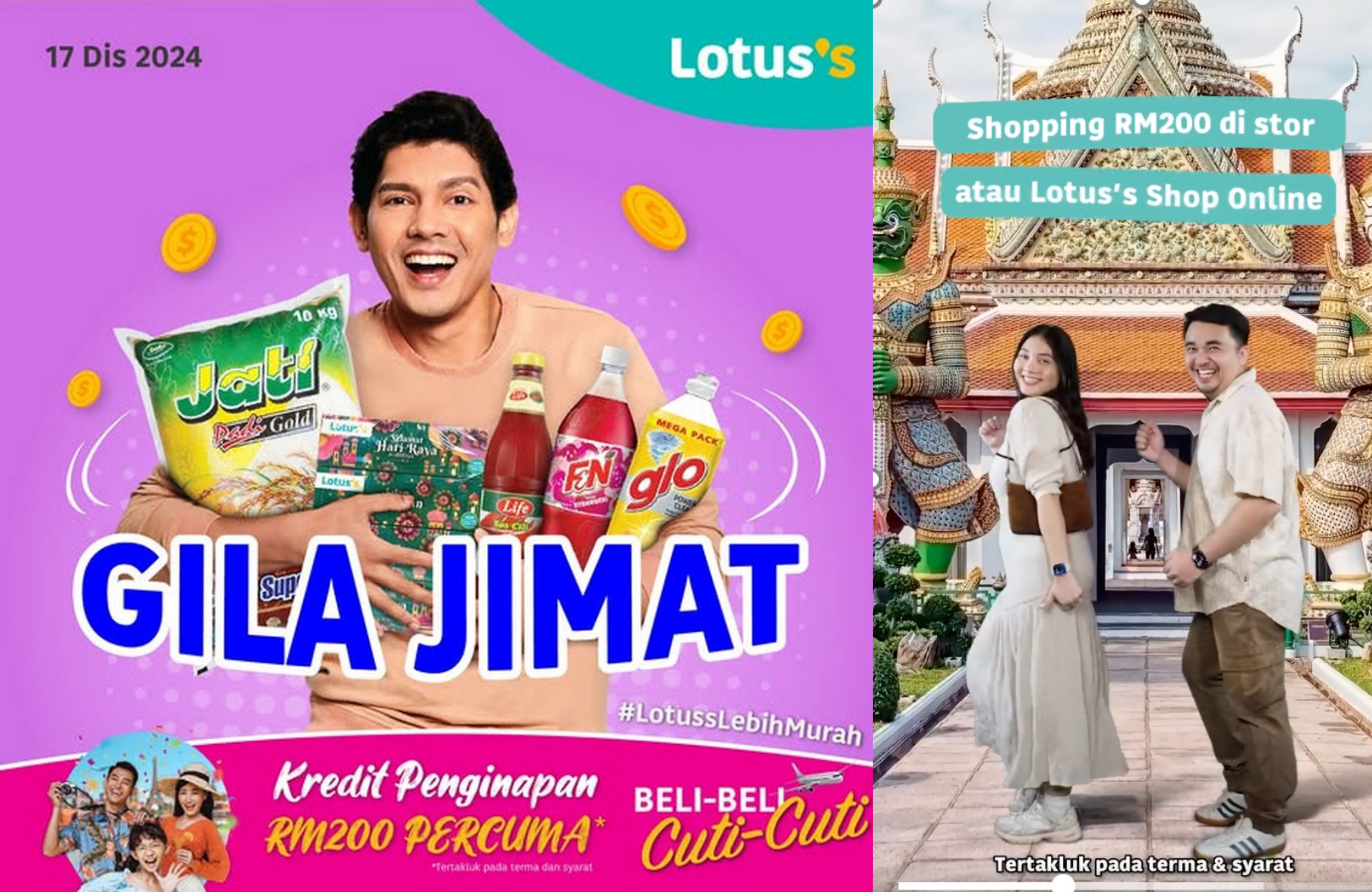 Purple banner with an excited man holding supermarket products . The atmosphere is vibrant, inviting shoppers.