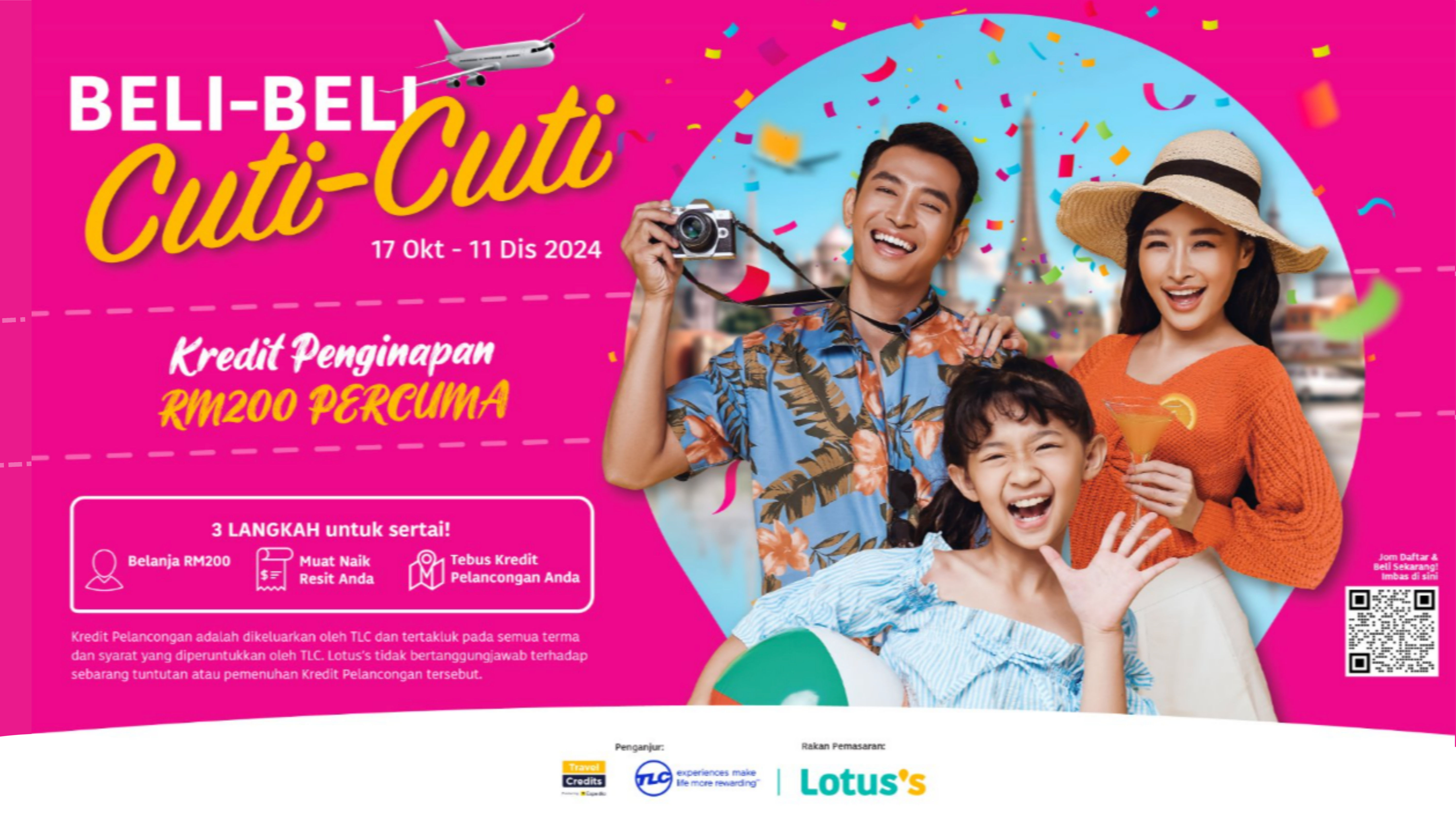 Image promoting vacation package with the text "Beli-Beli Cuti-Cuti" and travel dates. A cheerful family poses with travel gear against a pink backdrop. Airplane graphic adds a sense of adventure.