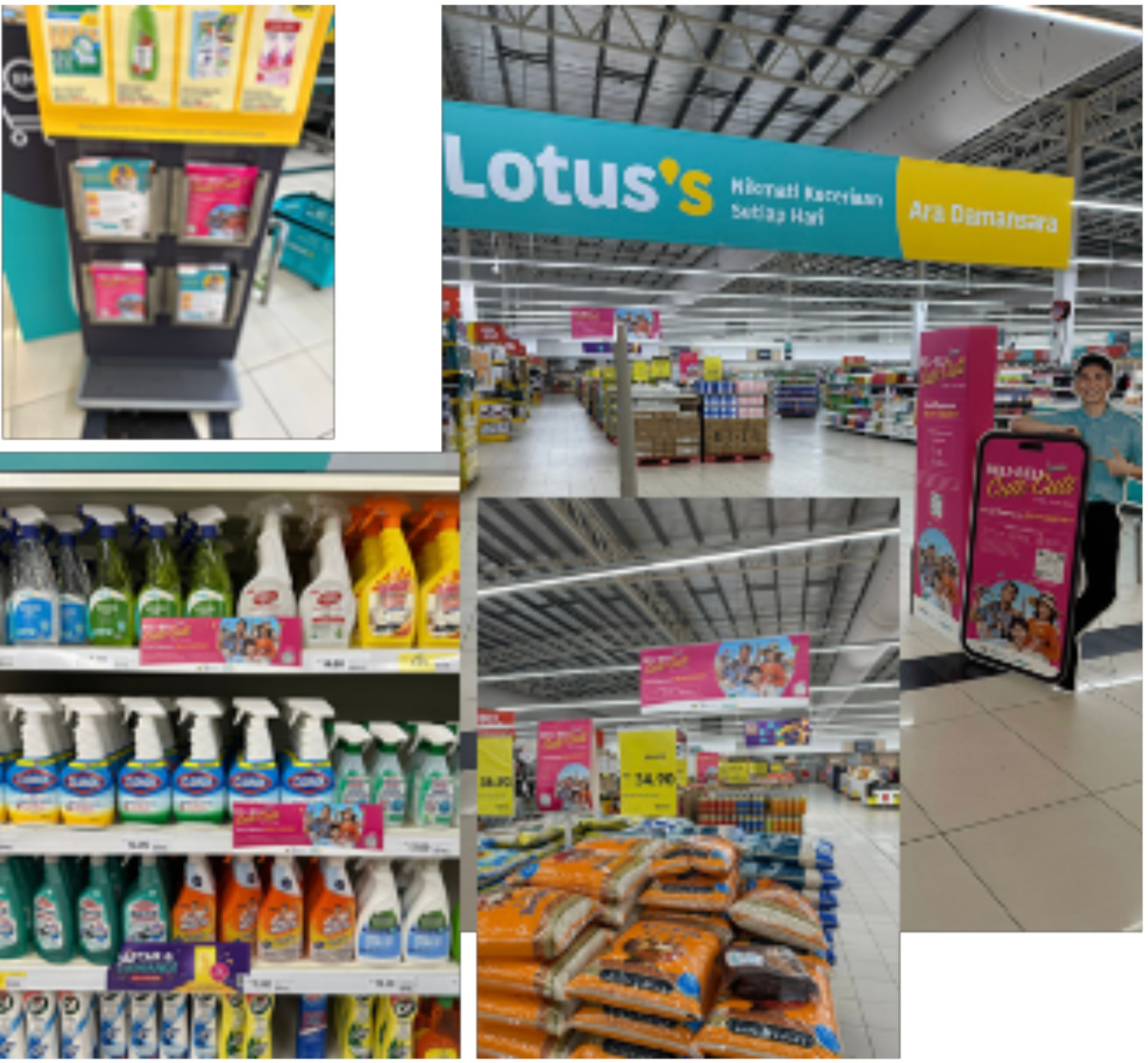 Supermarket interior featuring cleaning products and promotional signage, and a person beside a large pink advertisement.