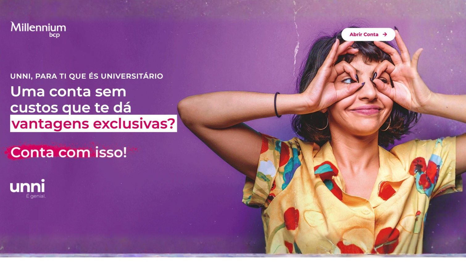 A young woman in a striped shirt makes a playful gesture, promoting UNNI, a no-cost student account with benefits.