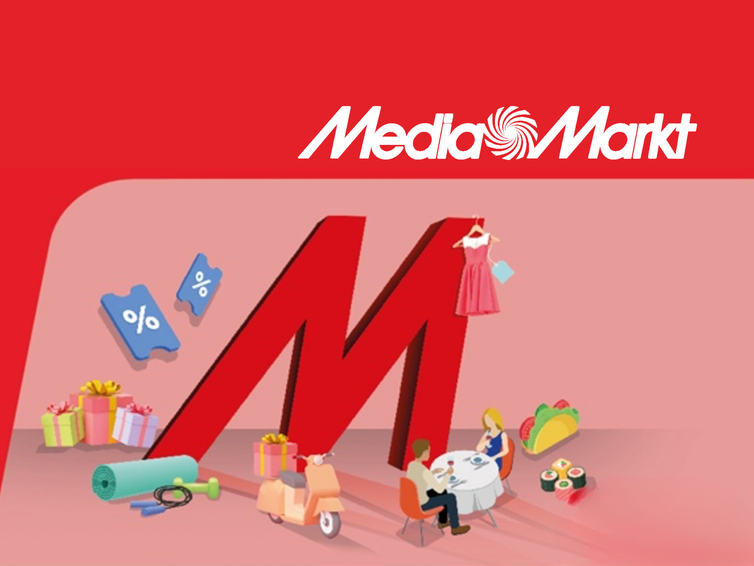 MediaMarkt website with a rlarge M in red and cartoon people eating and other rewards you could win