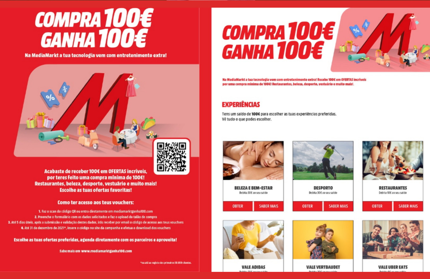Promo with text 'Compra 100€ Ganha 100€.'. Right side shows images for experiences like beauty and sports.