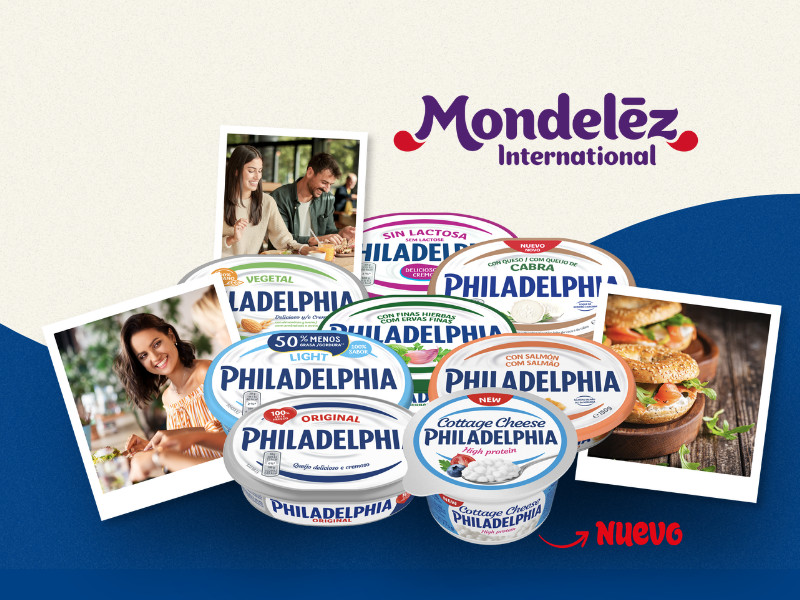 A collection of Philadelphia cream cheese products, with photos of people enjoying food in the background.