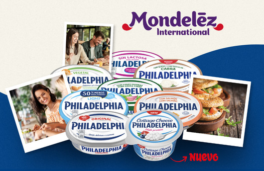 A collection of Philadelphia cream cheese products, with photos of people enjoying food in the background.