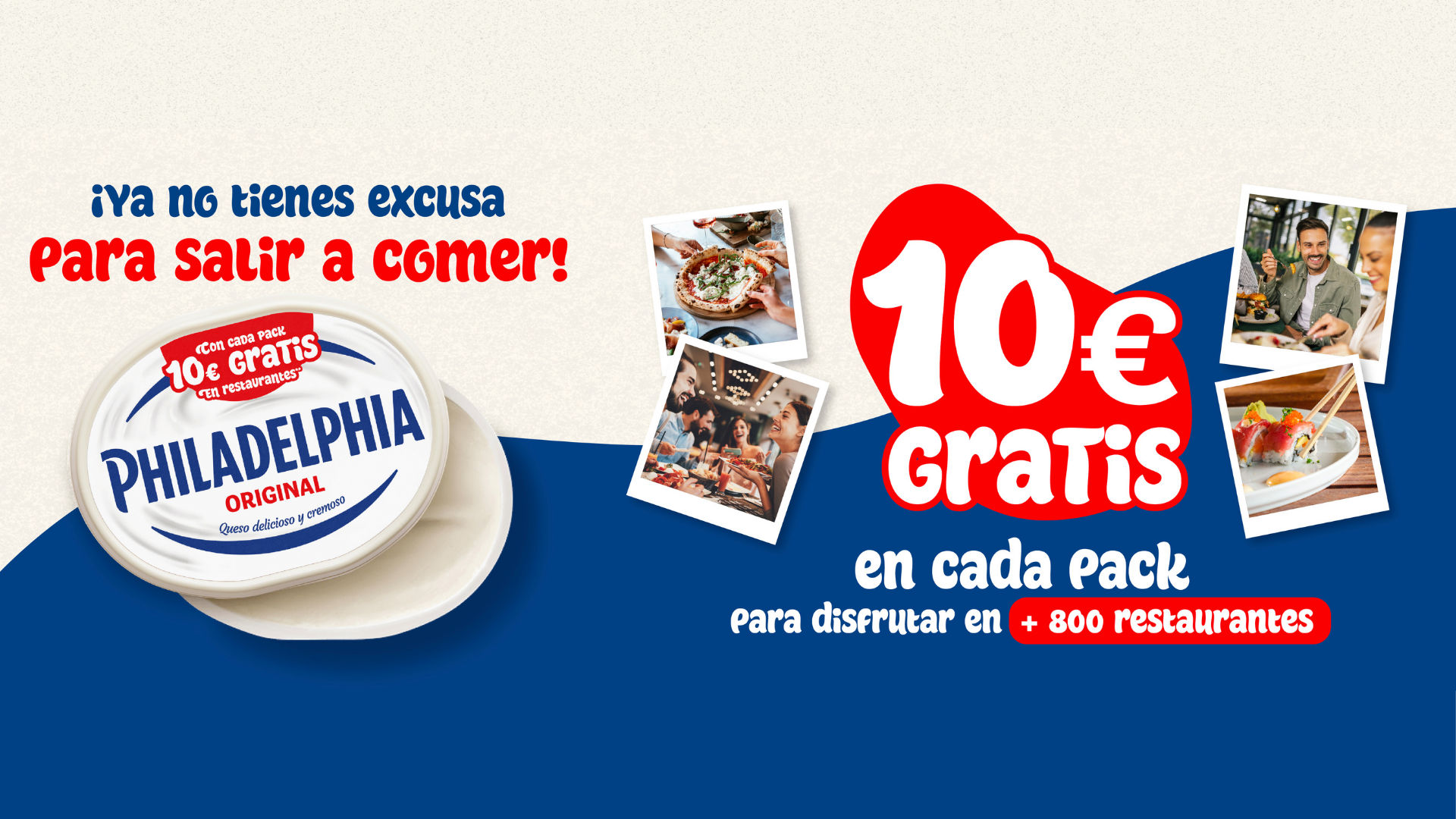 Philadelphia cream cheese advertisement promoting a €10 discount in restaurants with images of dishes.