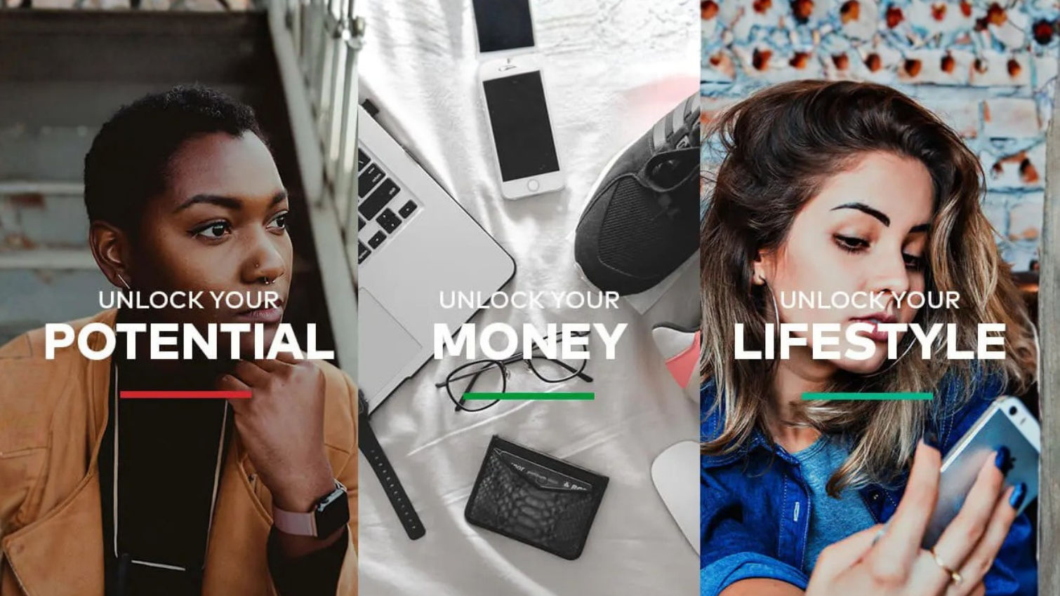 Three sections: “UNLOCK YOUR POTENTIAL” with a woman, “UNLOCK YOUR MONEY” with a workspace, and “UNLOCK YOUR LIFESTYLE” with a woman on her phone.