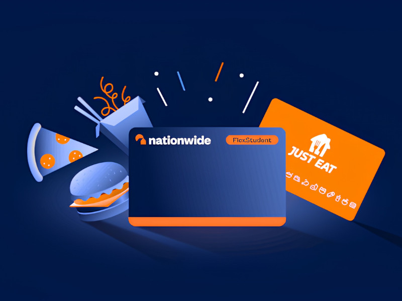 Uma arte com um cartão azul com a marca "Nationwide" ao lado de um cartão laranja com a marca "JUST EAT"