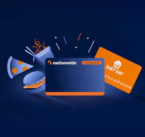 A graphic featuring a blue card labeled "Nationwide" alongside an orange card labeled "JUST EAT"
