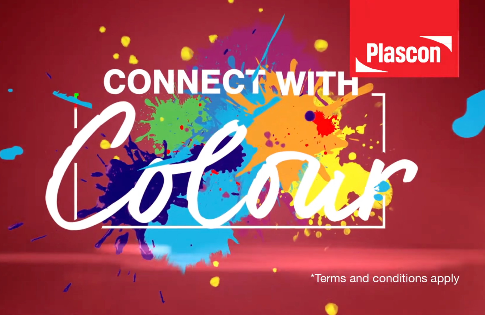 Text "Connect with Colour" auf rotem Hintergrund mit Farbspritzern.