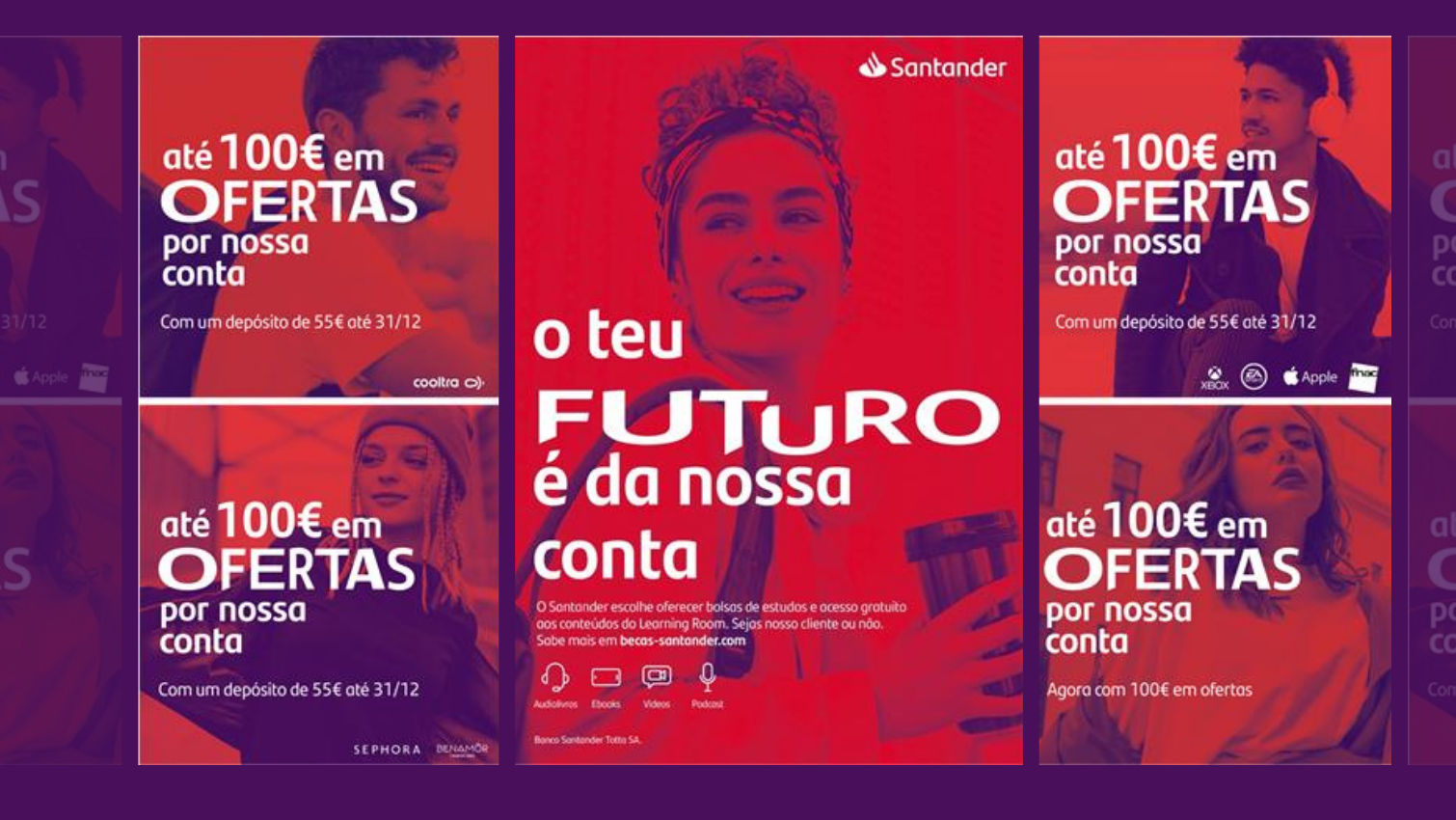 A Santander ad promotes up to €100 in benefits for opening an account, with the message “your future is our account.”