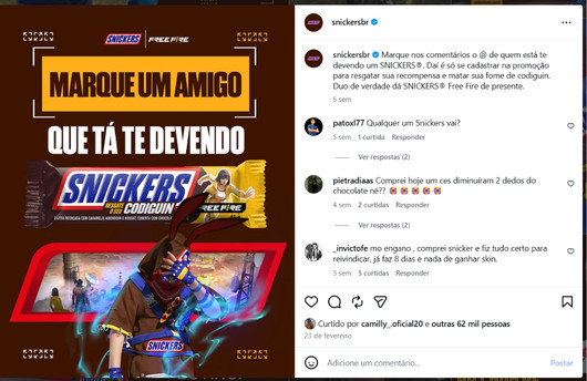 Promotional poster for Snickers collaboration with Free Fire, featuring Marquisei Imam in a dynamic gaming-themed design.