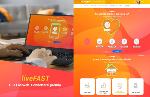 A laptop on a table displaying the liveFAST website, featuring colourful sections for user interaction and information about services offered by Fastweb.