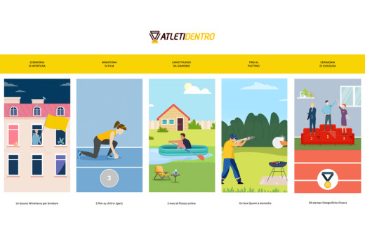 Illustrated banner showing five events: opening ceremony with a flag from a window, a movie marathon runner, backyard canoeing in a kiddie pool, clay pigeon shooting in a garden, and a closing podium ceremony with medals