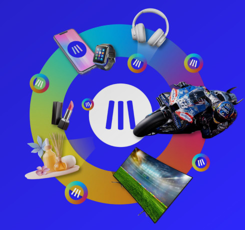 A colourful graphic featuring various items such as a smartphone, a motorcycle, cosmetics, and a landscape image arranged around a central logo.