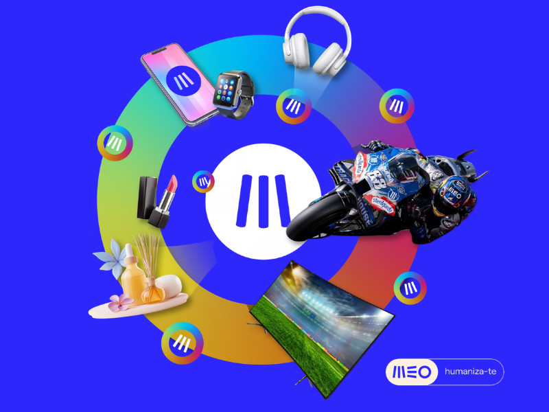 Grafica colorata con smartphone, moto, prodotti cosmetici e un paesaggio disposti attorno a un logo centrale