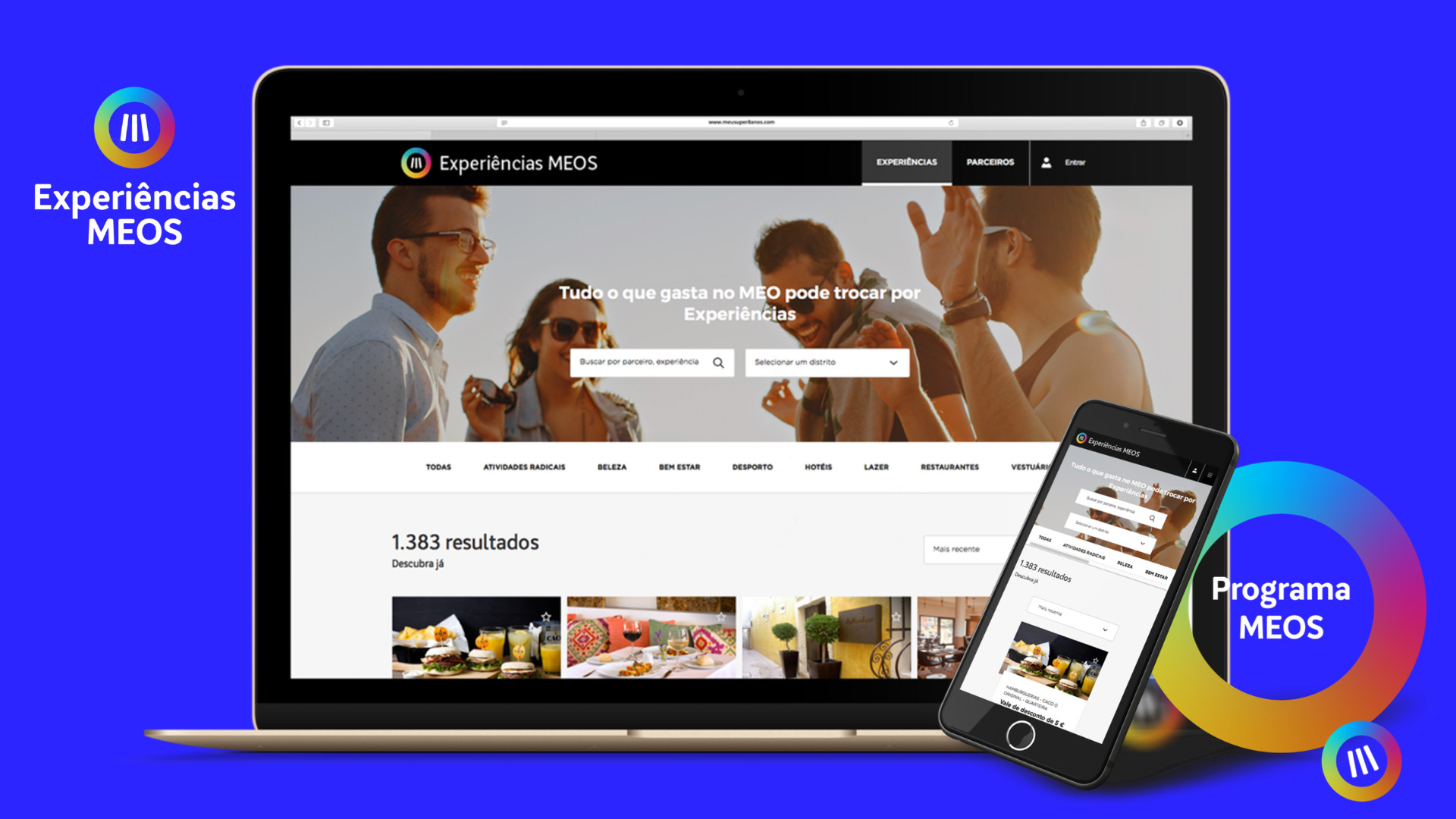Um laptop e um smartphone exibindo o mesmo site, com destaque para o cabeçalho com o texto “Experiências MEOS”.