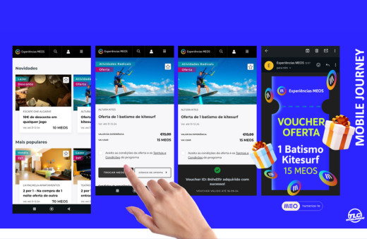 Screenshots of a mobile application showcasing offers, including kitesurfing and accommodation options.