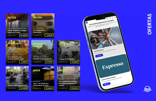 Nine thumbnails featuring various fitness offerings, with a mobile phone displaying a website or app titled "Expresso" on a blue background.