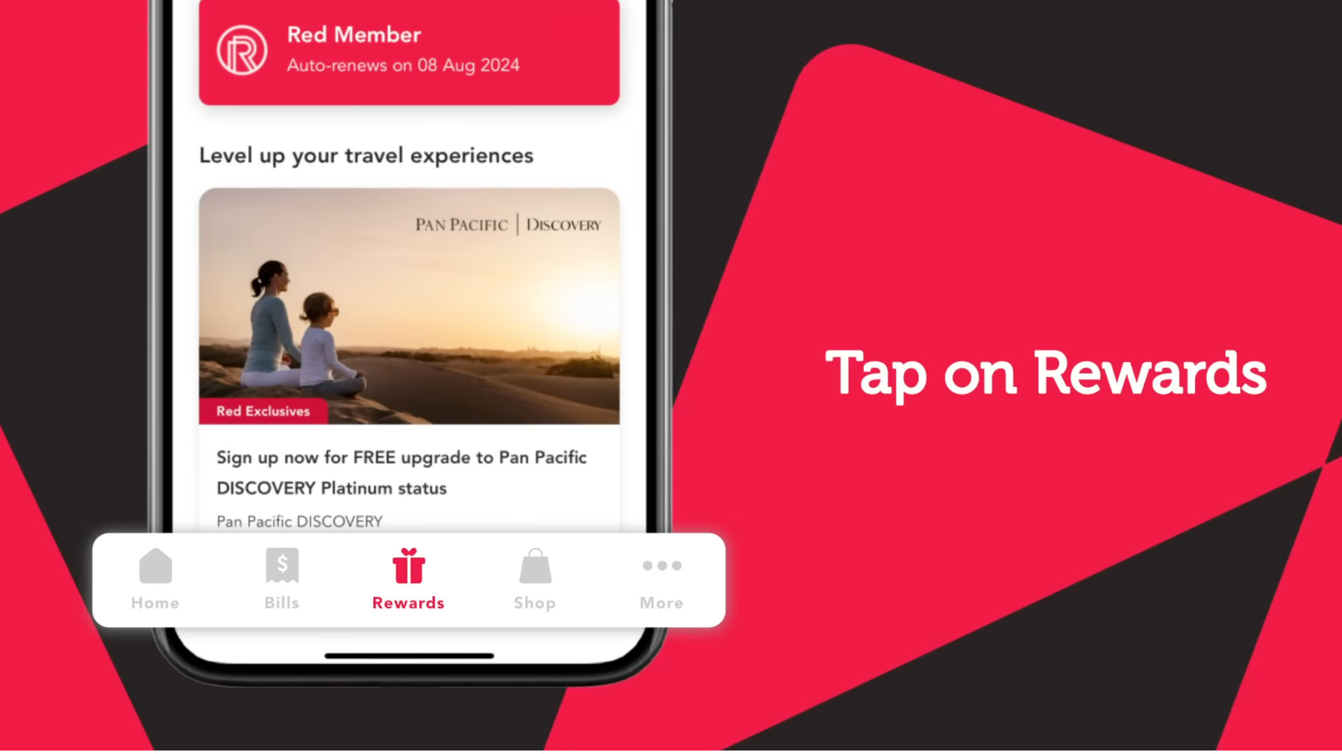 A mobile phone displaying a membership rewards program with options to level up travel experiences and sign up for a free upgrade.