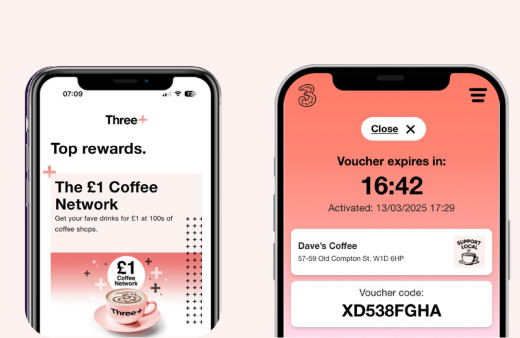 Image showing a mobile phone screen displaying an app interface. The left side highlights "Top rewards" with a title "The £1 Coffee Network"