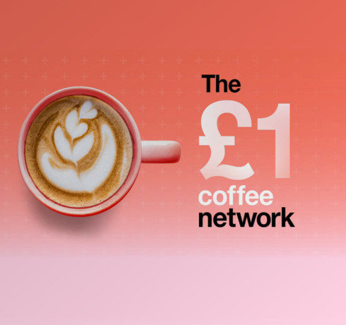 A cup of coffee with a latte art design next to the text "The £1 coffee network."