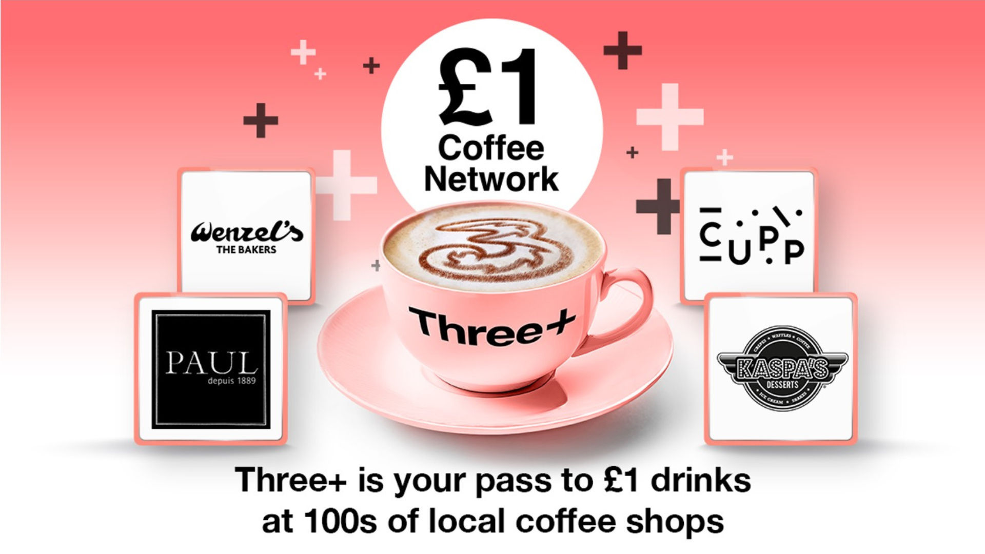 £1 Coffee Network: tazza di caffè con i loghi di diverse caffetterie. Testo: “Three+ is your pass to £1 drinks at 100s of local coffee shops.” 