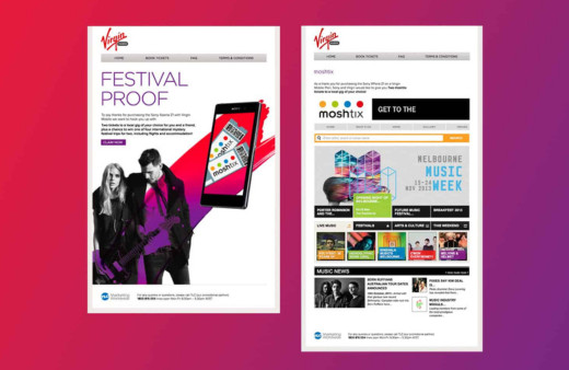 Bilder von zwei Webseiten mit Promotionsinhalten. Die linke Seite enthält Text über „FESTIVAL PROOF“ neben einem Bild der Moshtix-Band.