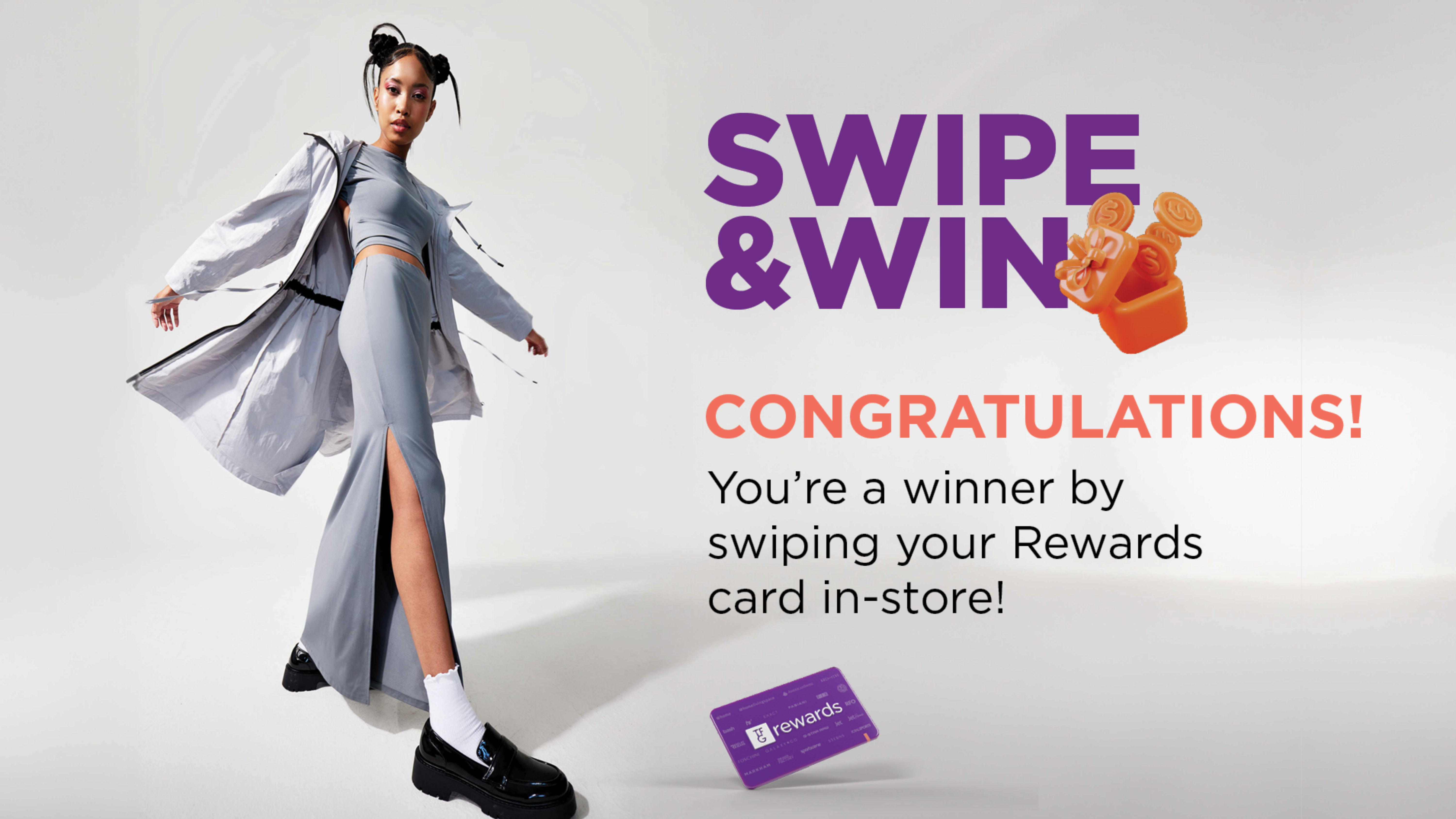 A woman in a light gray outfit poses energetically next to text promoting a “Swipe & Win” Rewards card contest, announcing an in-store winner.