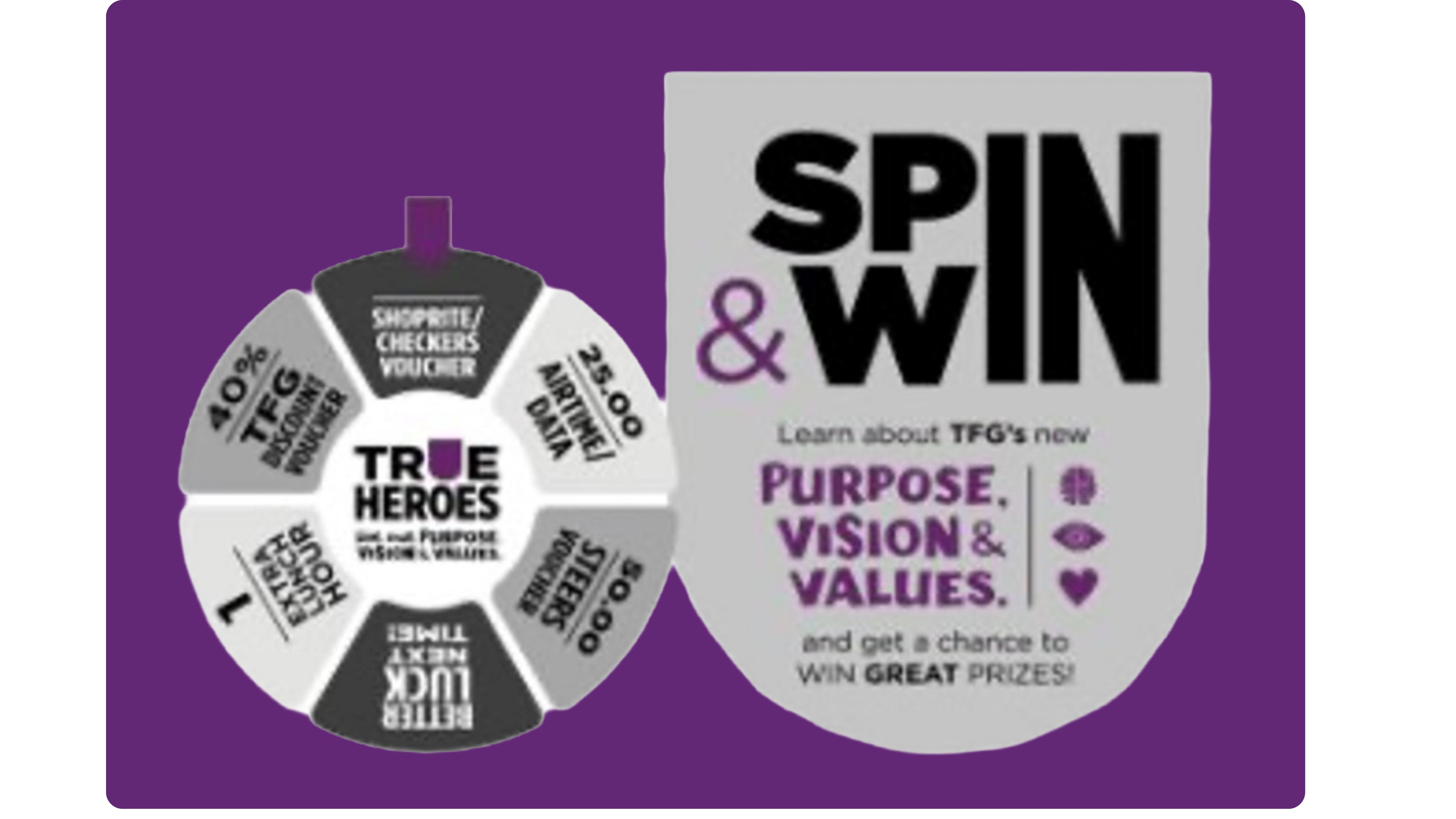 Lila-graues Werbemotiv mit einem Glücksrad mit Preisen wie Gutscheinen und Airtime.