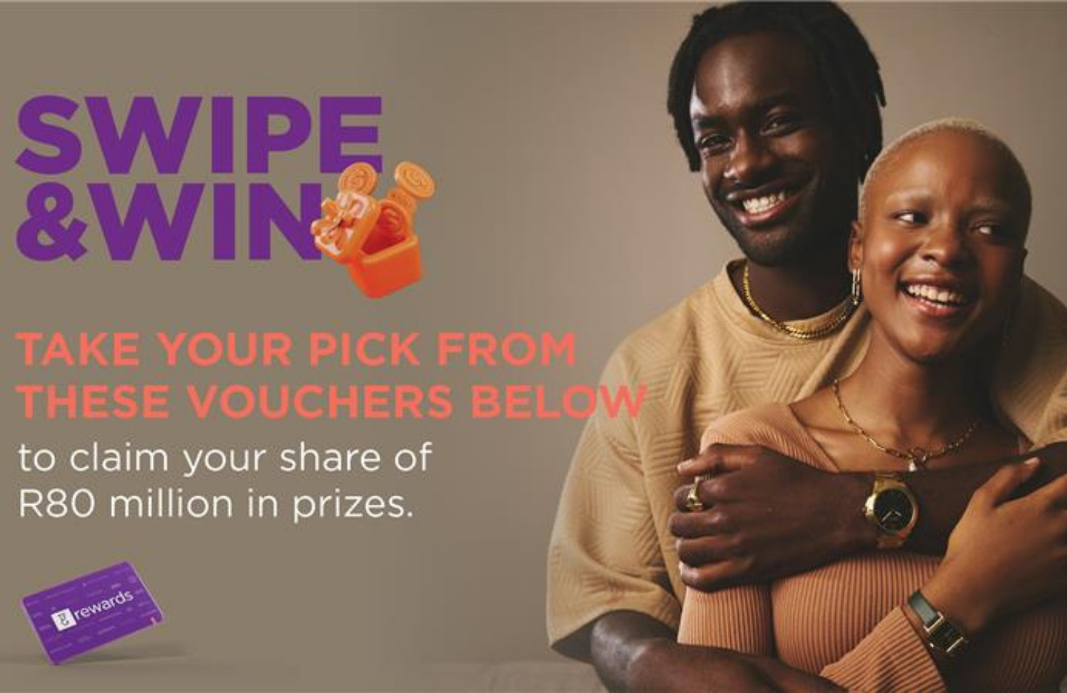 Smiling couple standing close together next to promotional text about winning vouchers and prizes, with an image of a rewards card at the bottom left.