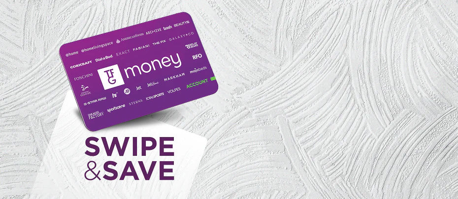 Lila TFG Money-Karte mit Markenlogos auf strukturiertem weißem Hintergrund. Text: "Swipe & Save".