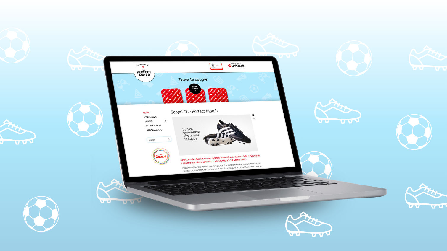 A laptop displays a soccer gear site titled “Snap! The Perfect Match!” featuring cleats on a light blue background.