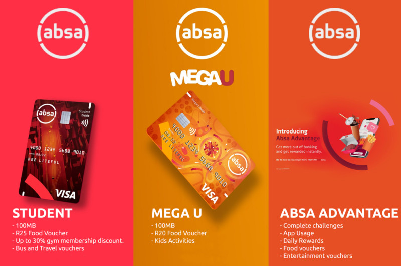 A poster for absa, focusing on student, mega u and advantage benefits