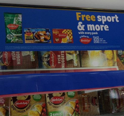 Birds Eye red logo on a blue background