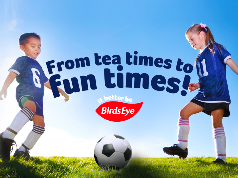 Birds Eye red logo on a blue background