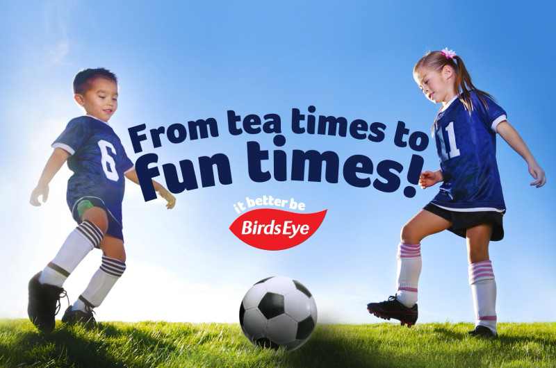 Two children playing football, with the slogan 'From tea times to fun times, it better be Birds Eye'