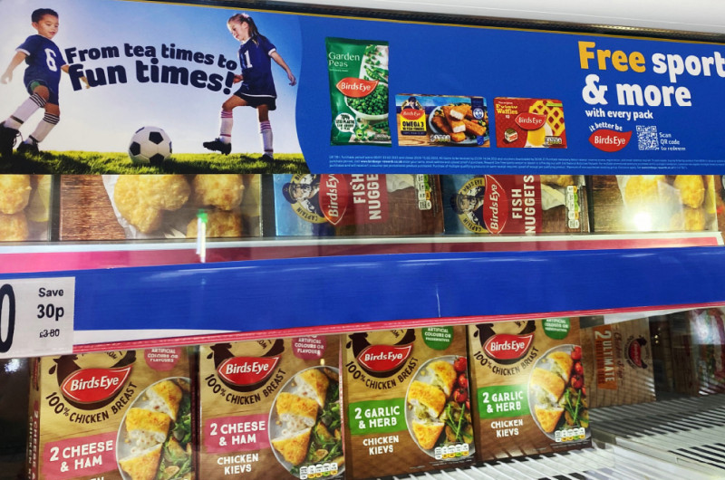 A promotional poster in a supermarket promoting Birds Eye free sport campaign