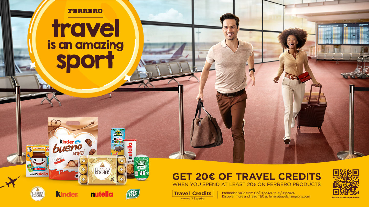 A promotional poster for Ferrero''s 'travel is an amazing sport' campaign showing two people running through an airport