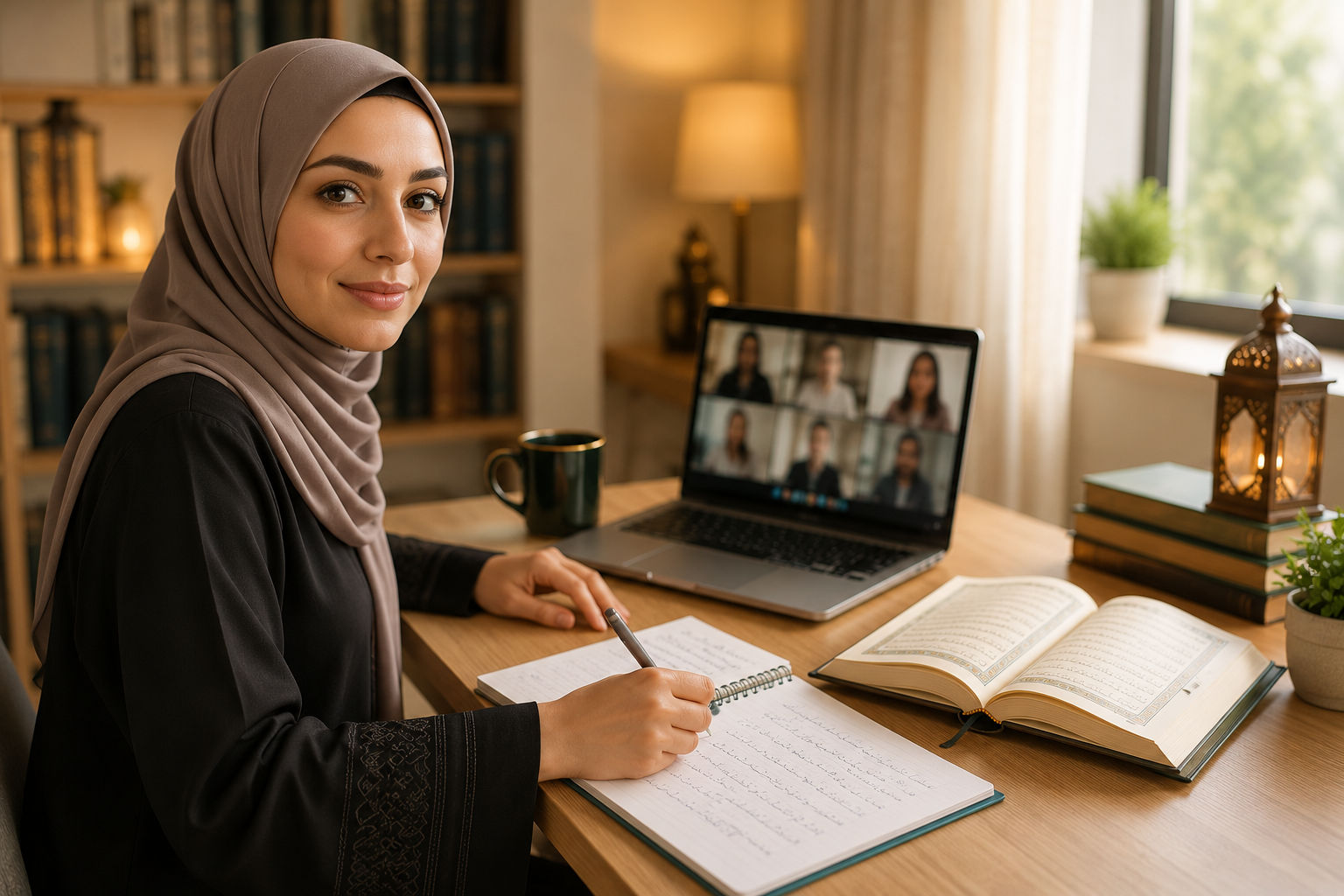 Adult Learner Reciting Quran from a Phone During Online Lesson